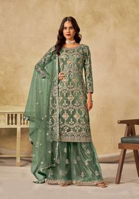 Green Embroidered Net Kurta Set