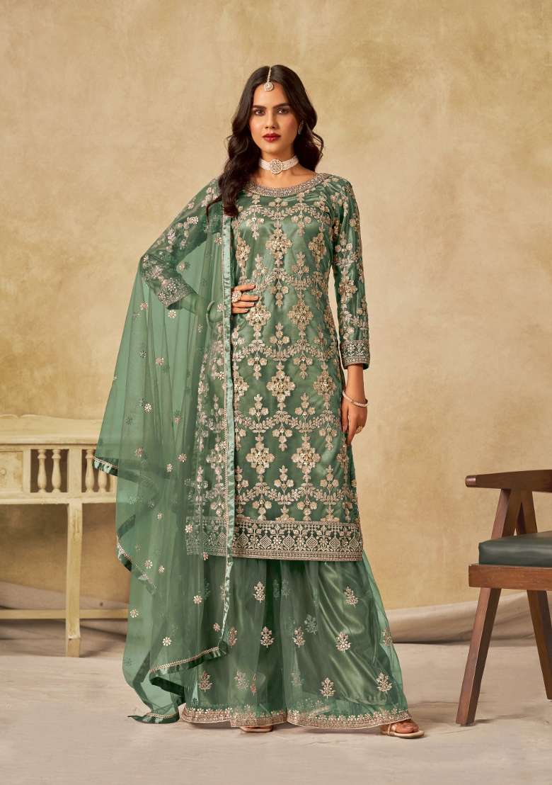Green Embroidered Net Kurta Set - Indya