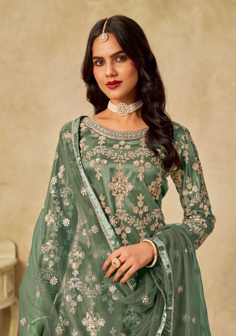 Green Embroidered Net Kurta Set - Indya