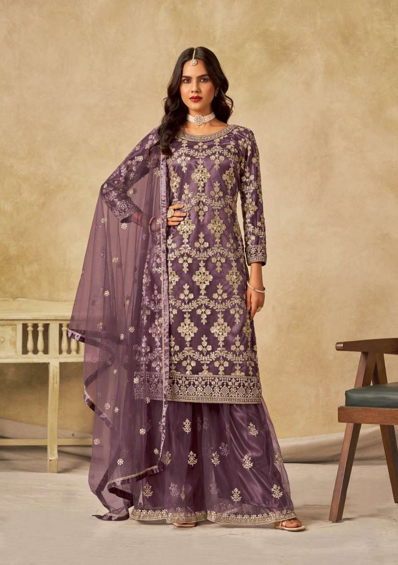 Purple Embroidered Net Kurta Set - Indya