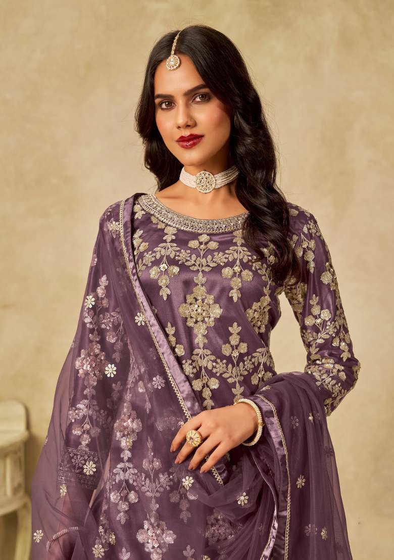 Purple Embroidered Net Kurta Set - Indya