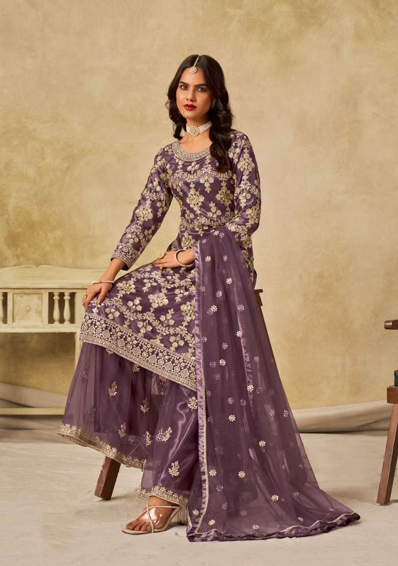 Purple Embroidered Net Kurta Set - Indya