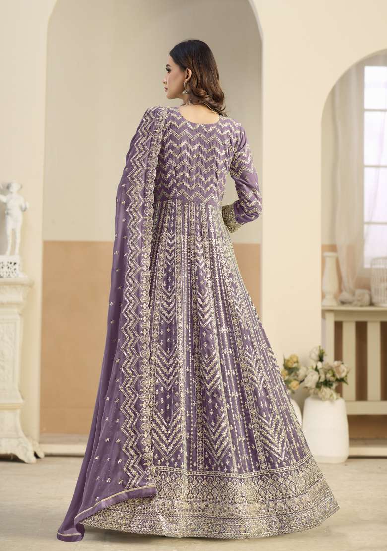 Lavender Embroidered Georgette Anarkali Set - Indya