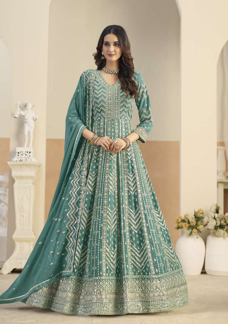 Turquoise Embroidered Georgette Anarkali Set - Indya