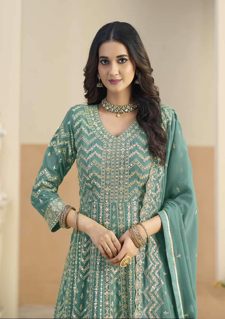 Turquoise Embroidered Georgette Anarkali Set - Indya