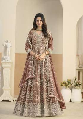 Brown Embroidered Georgette Anarkali Set