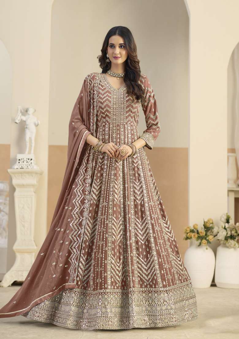 Brown Embroidered Georgette Anarkali Set - Indya