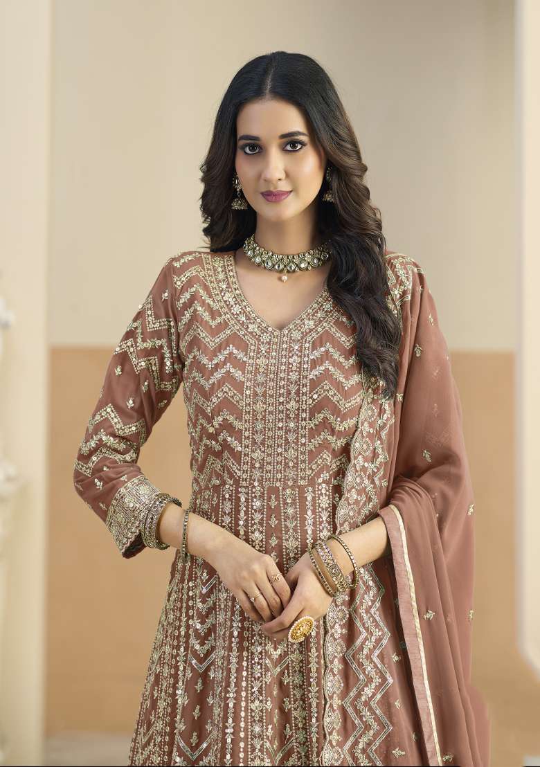 Brown Embroidered Georgette Anarkali Set - Indya