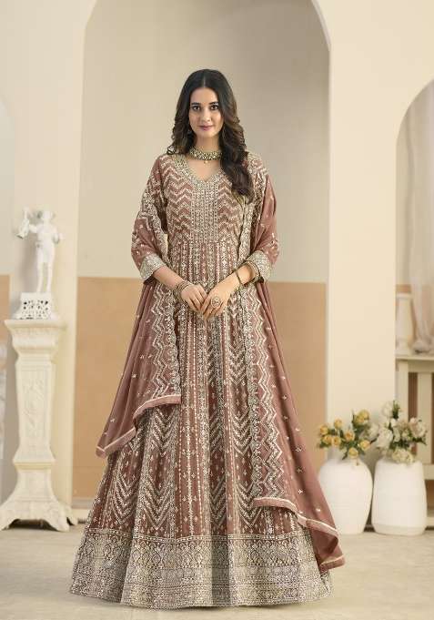 Brown Embroidered Georgette Anarkali Set