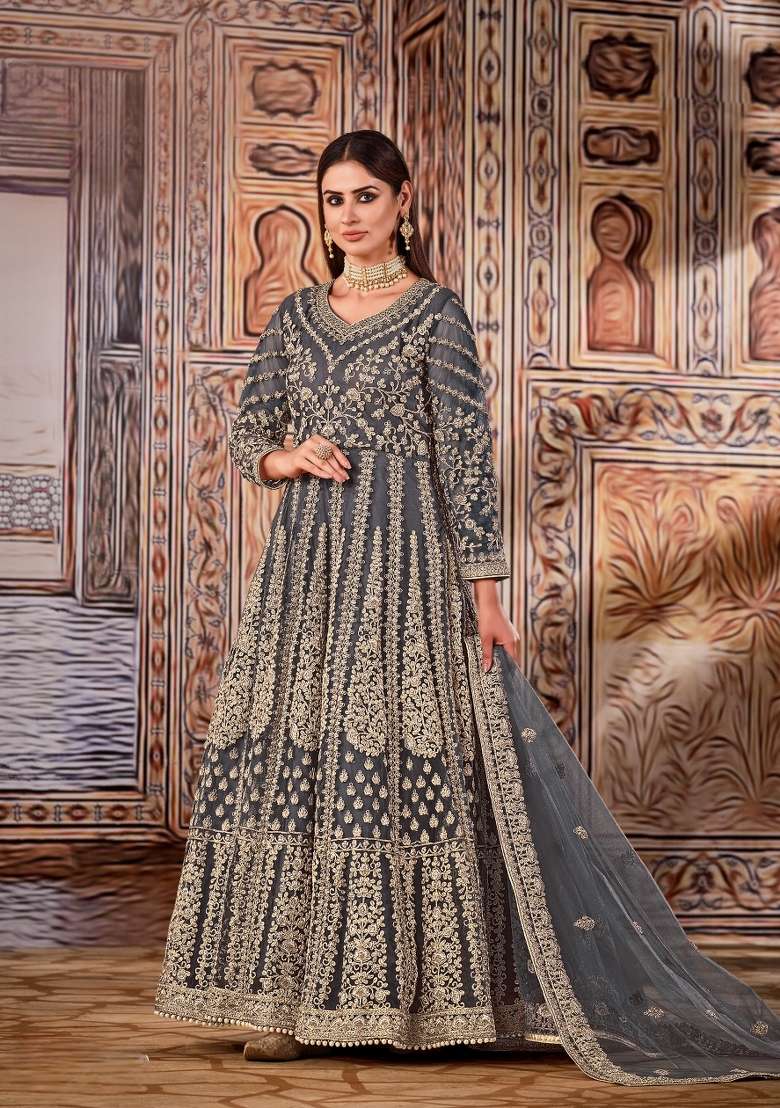 Grey Embroidered Net Anarkali Set - Indya