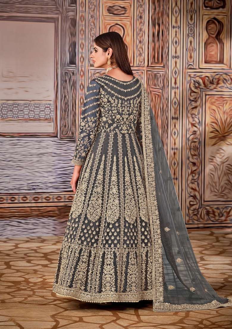 Grey Embroidered Net Anarkali Set - Indya