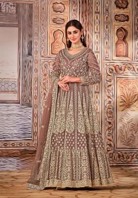Light Brown Embroidered Net Anarkali Set