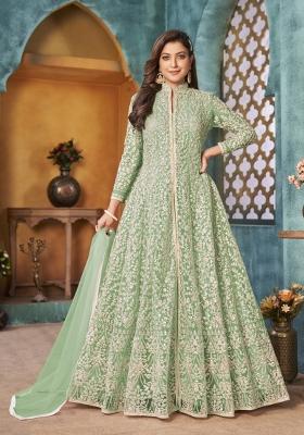 Light Green Embroidered Net Anarkali Set
