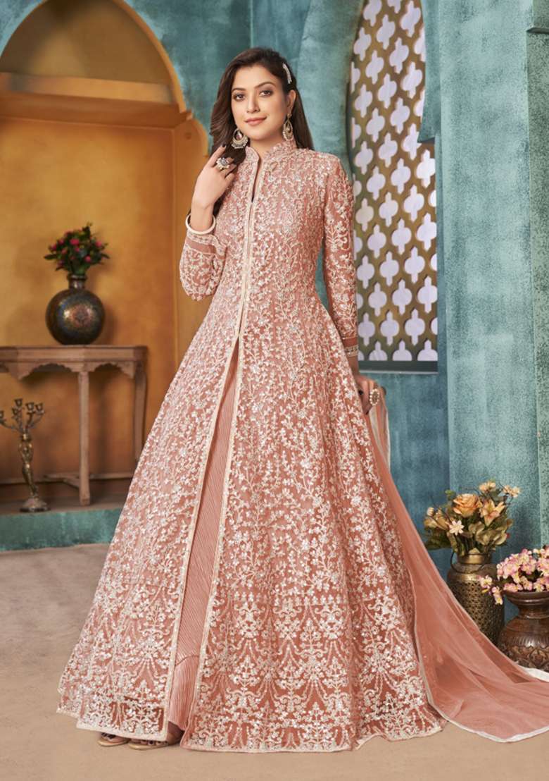 Peach Embroidered Net Anarkali Set - Indya
