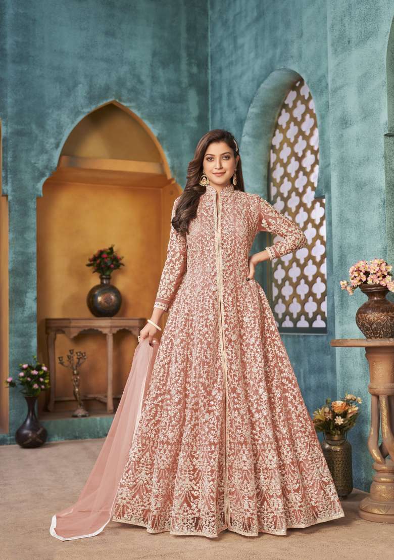 Peach Embroidered Net Anarkali Set - Indya