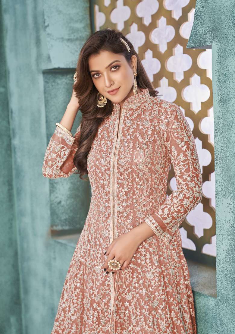 Peach Embroidered Net Anarkali Set - Indya
