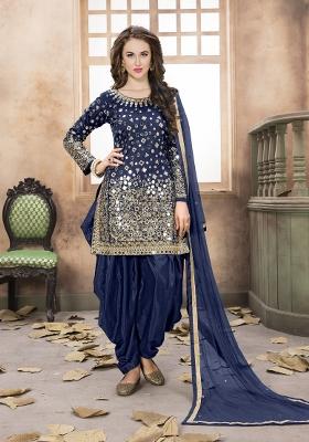 Navy Blue Embroidered Silk Kurta Set