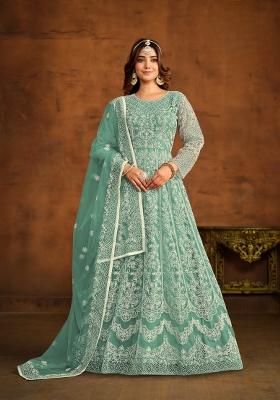 Sky Blue Embroidered Net Anarkali Set