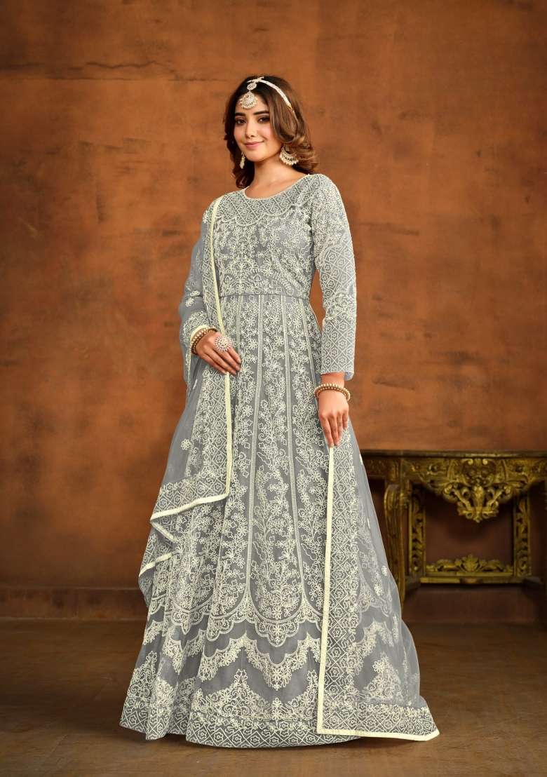 Grey Embroidered Net Anarkali Set - Indya