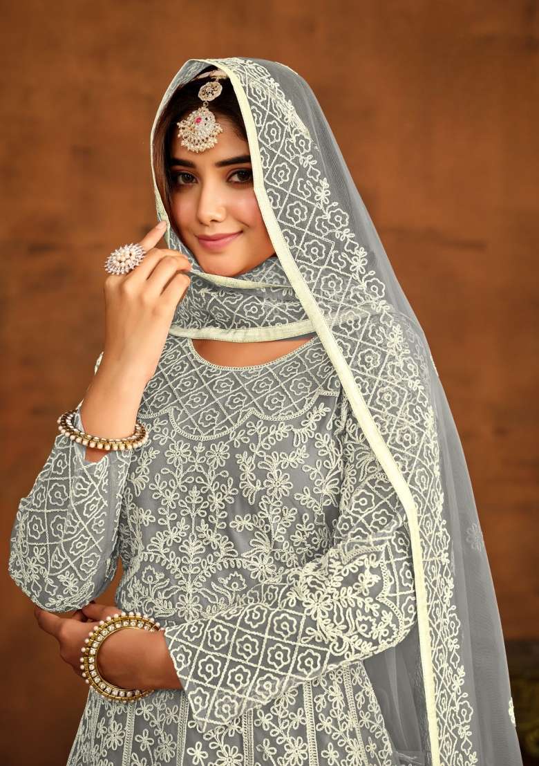 Grey Embroidered Net Anarkali Set - Indya