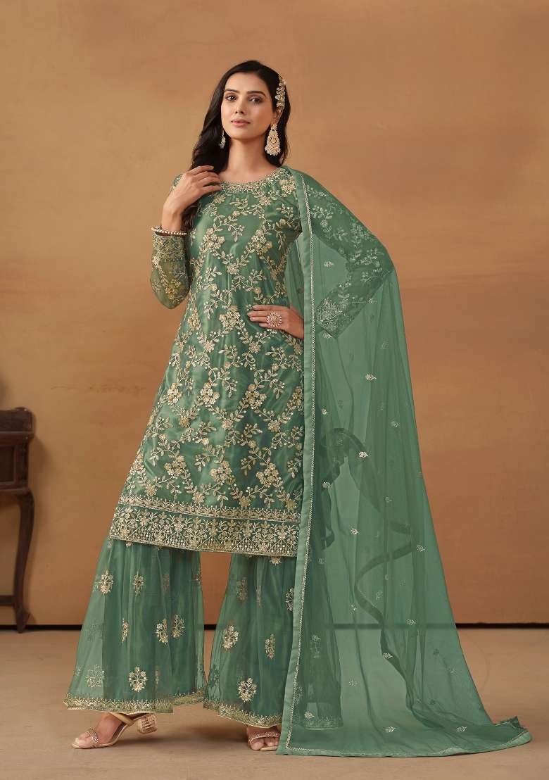 Green Embroidered Net Kurta Set - Indya