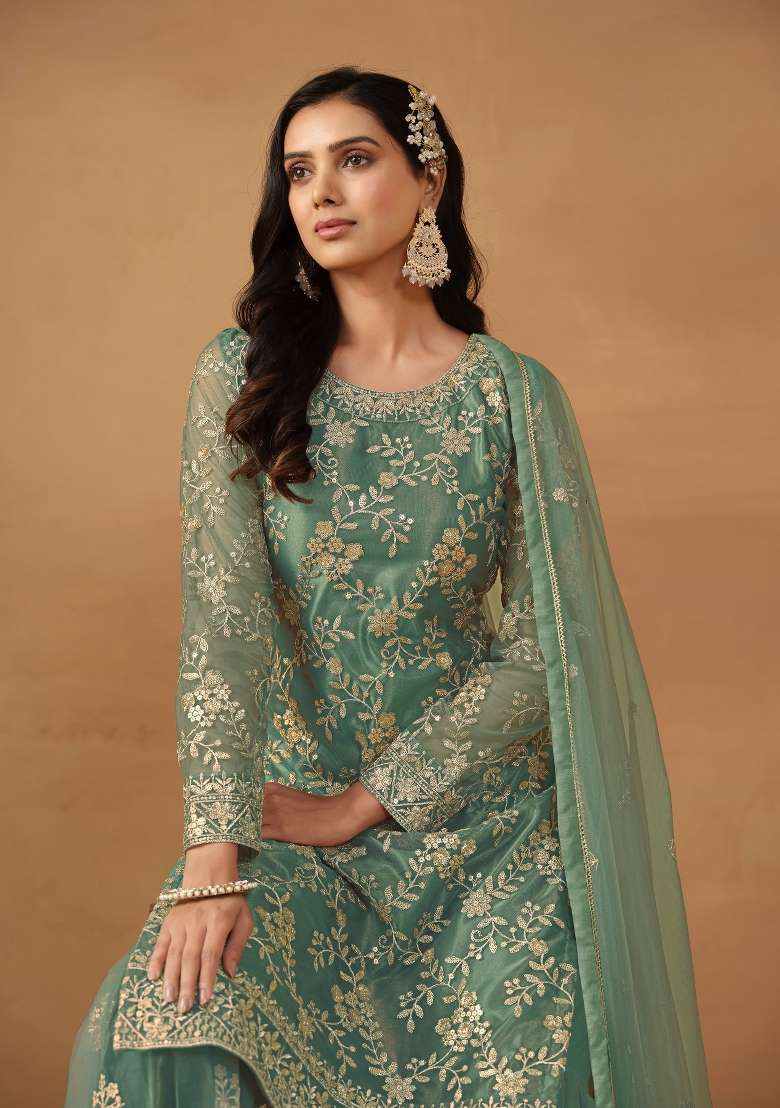 Green Embroidered Net Kurta Set - Indya
