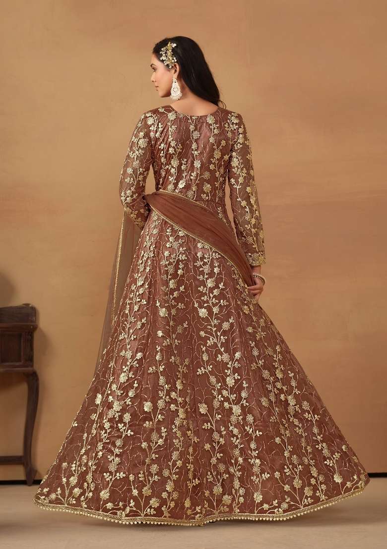 Brown Embroidered Net Anarkali Set - Indya