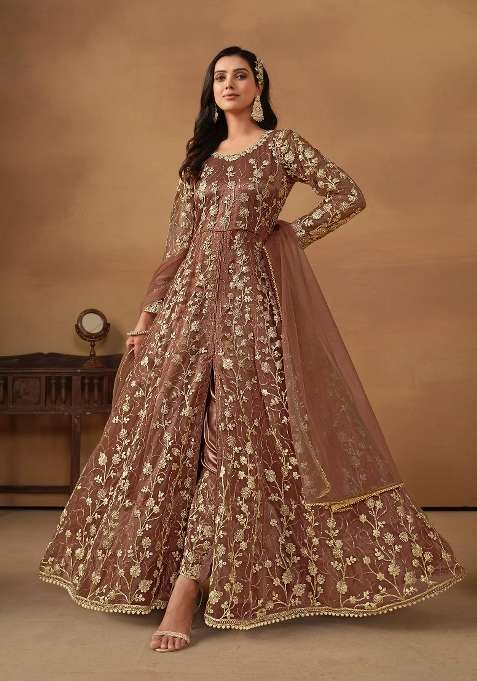 Brown Embroidered Net Anarkali Set