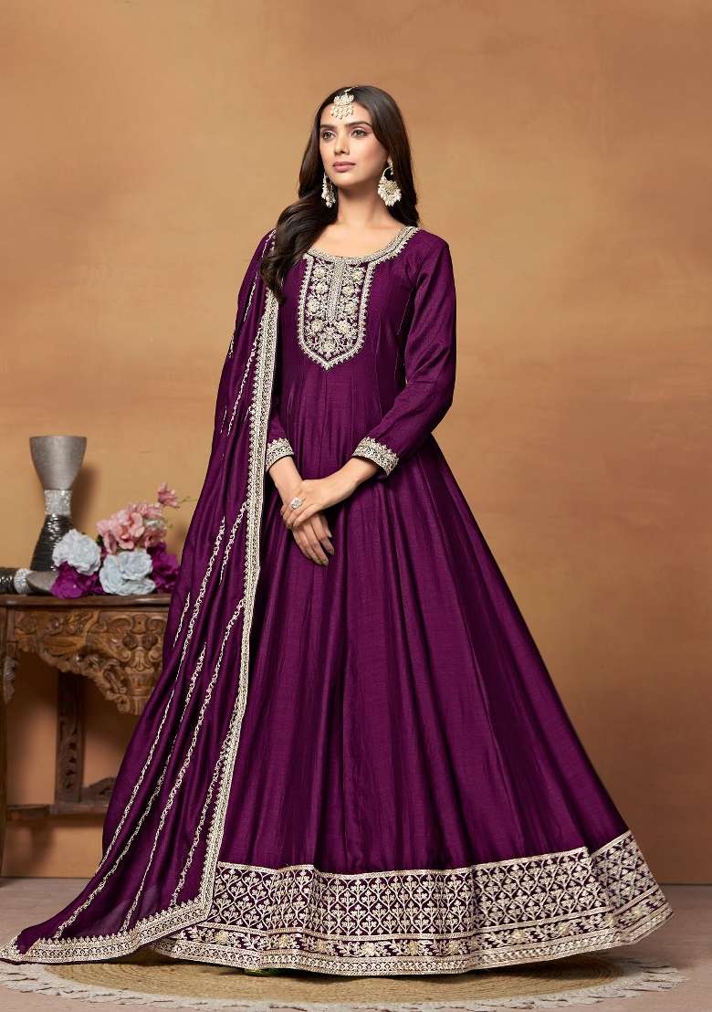 Wine Embroidered Silk Anarkali Set - Indya