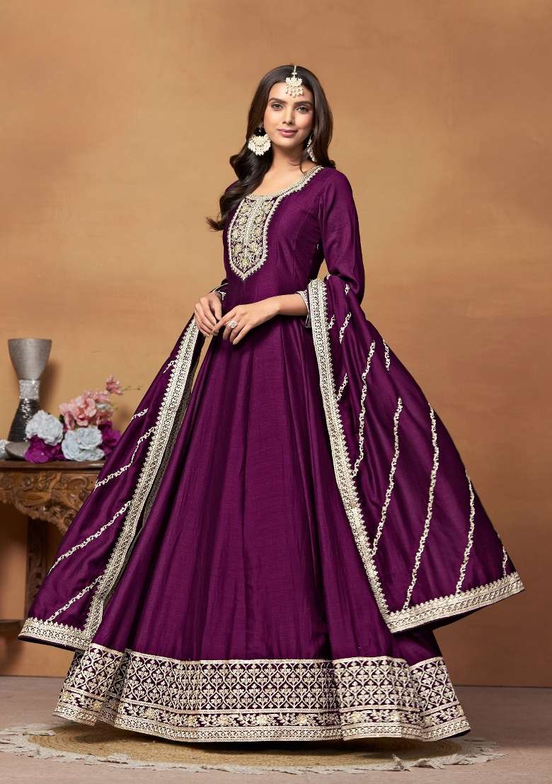 Wine Embroidered Silk Anarkali Set - Indya