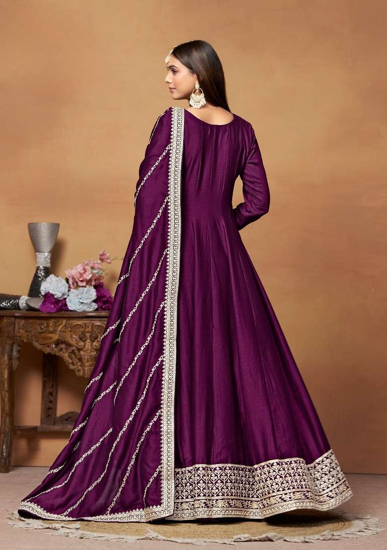 Wine Embroidered Silk Anarkali Set - Indya