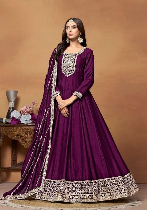 Wine Embroidered Silk Anarkali Set