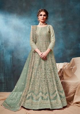 Light Green Embroidered Net Anarkali Set