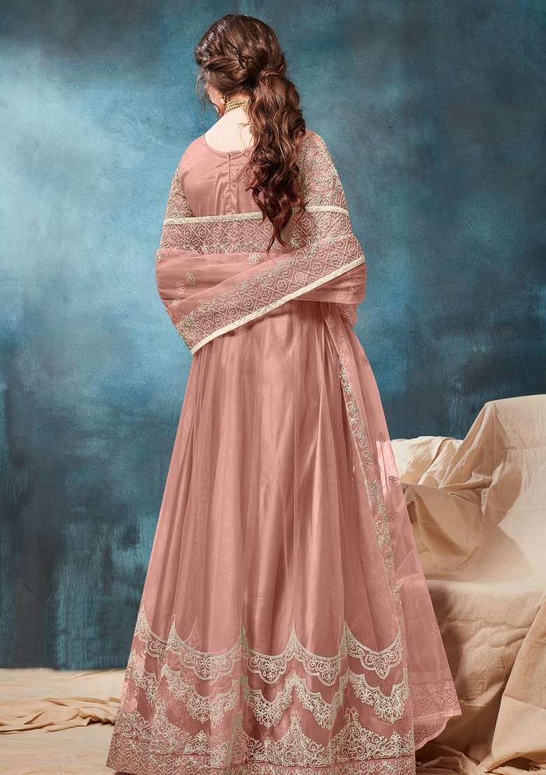 Peach Embroidered Net Anarkali Set - Indya