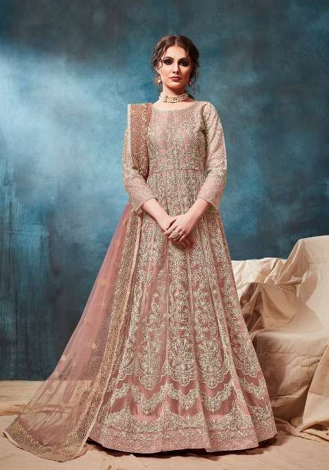 Peach Embroidered Net Anarkali Set