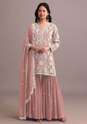 Peach Embroidered Georgette Kurta Set