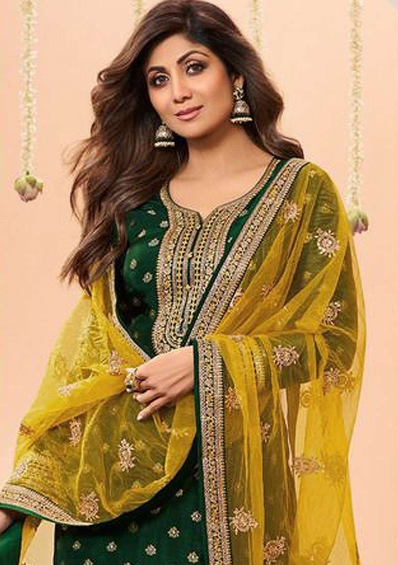 Dark Green Embroidered Viscose Kurta Set - Indya