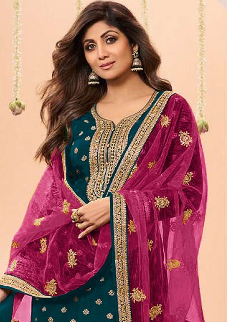 Navy Blue Embroidered Viscose Kurta Set - Indya