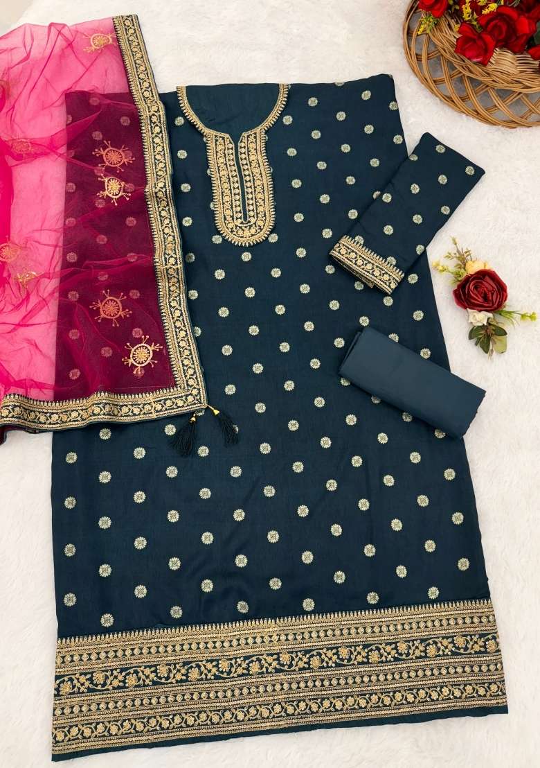 Navy Blue Embroidered Viscose Kurta Set - Indya
