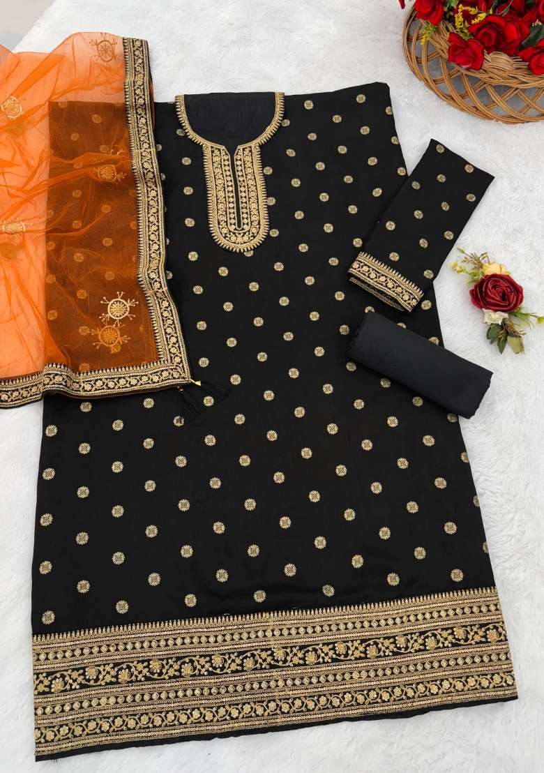 Black Embroidered Viscose Kurta Set - Indya