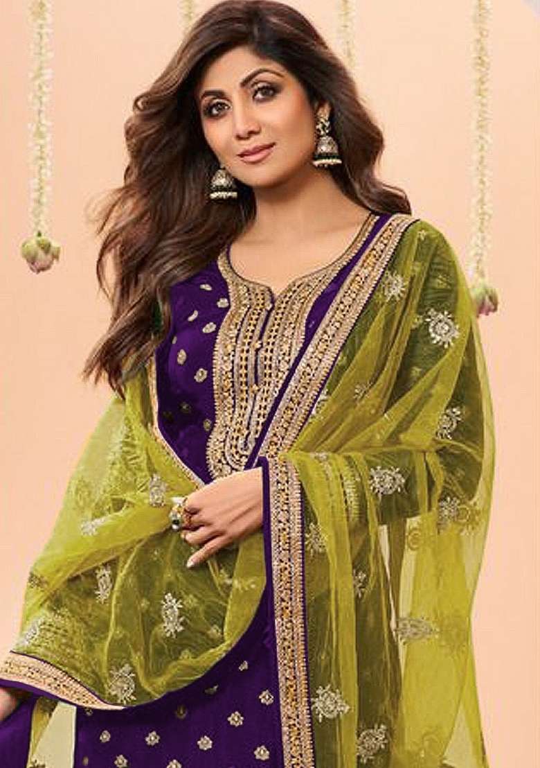 Purple Embroidered Viscose Kurta Set - Indya