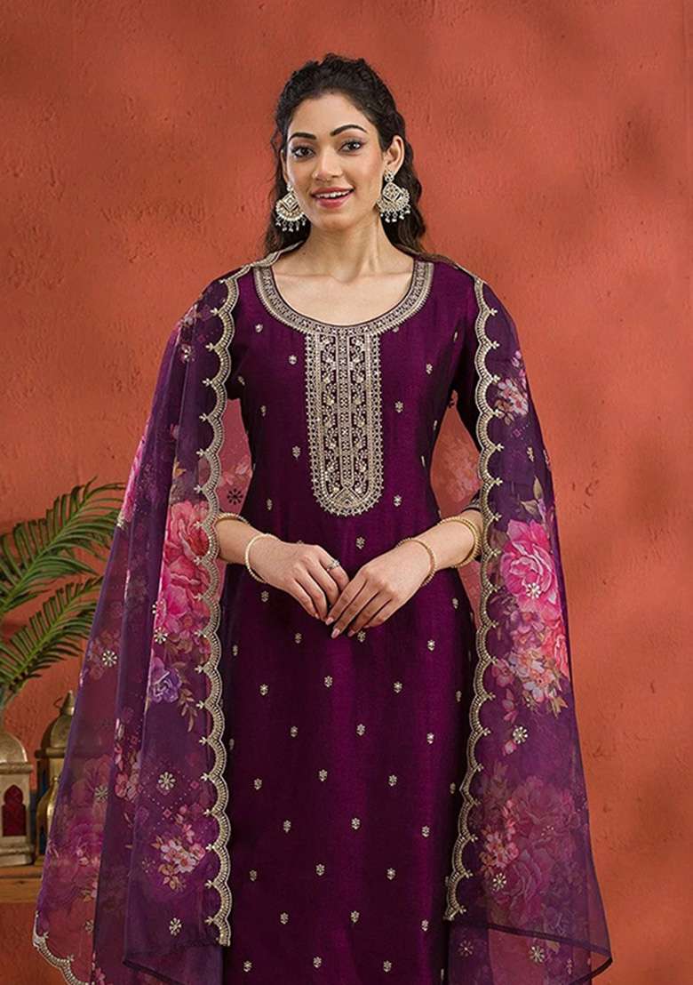 Maroon Embroidered Silk Kurta Set - Indya