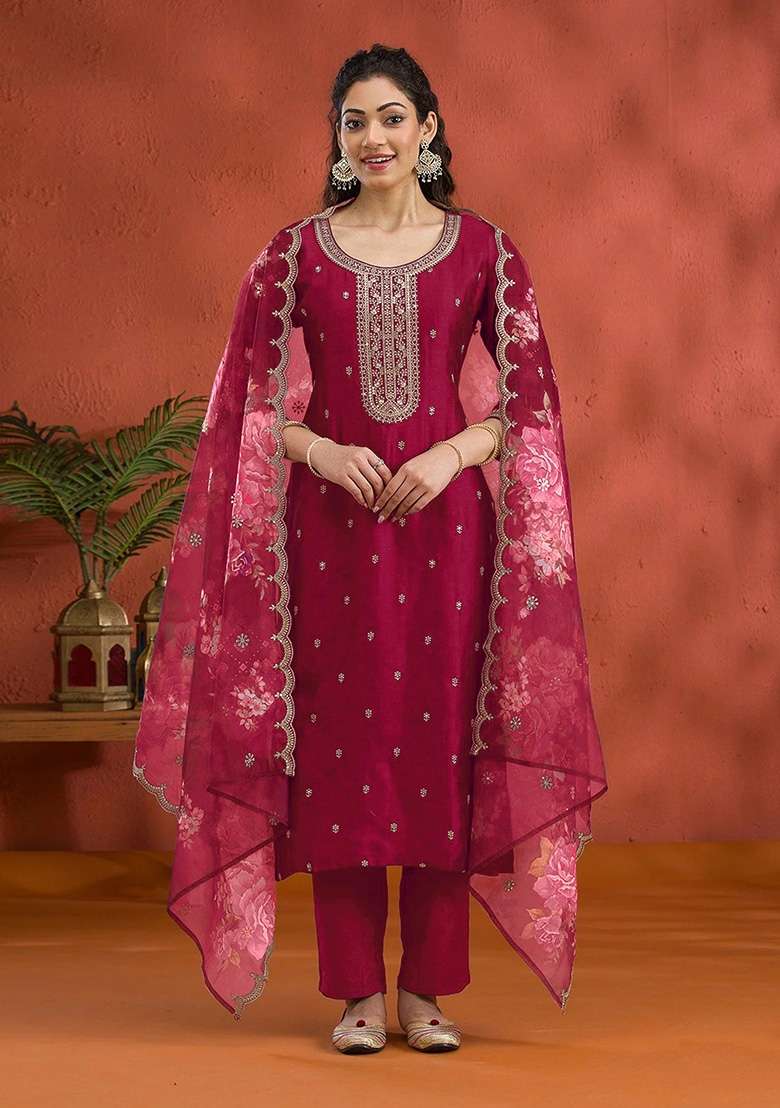 Red Embroidered Silk Kurta Set - Indya