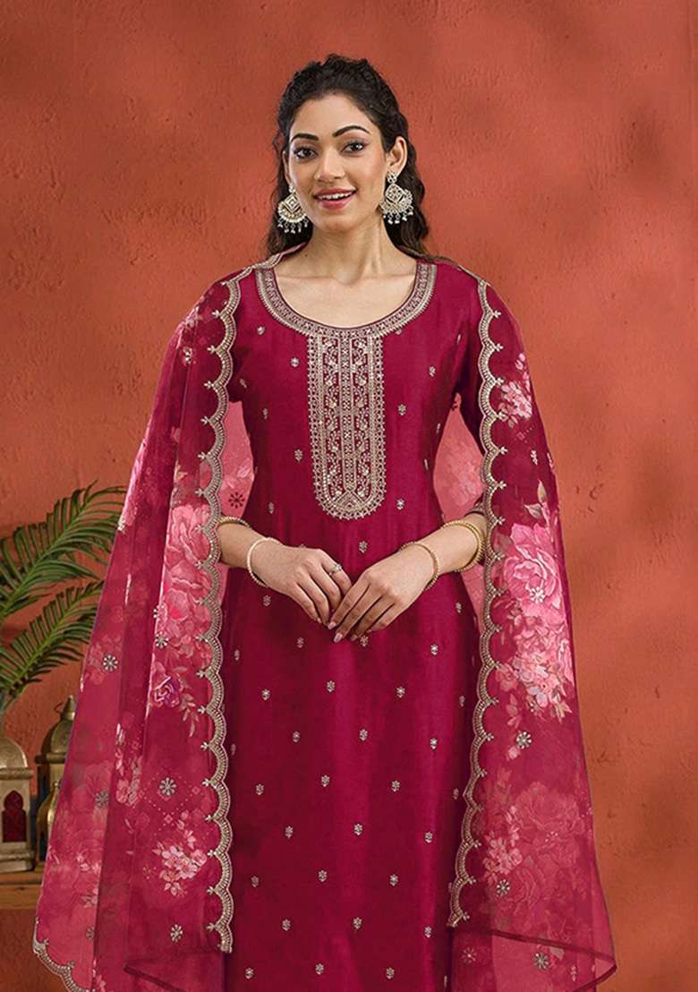 Red Embroidered Silk Kurta Set - Indya
