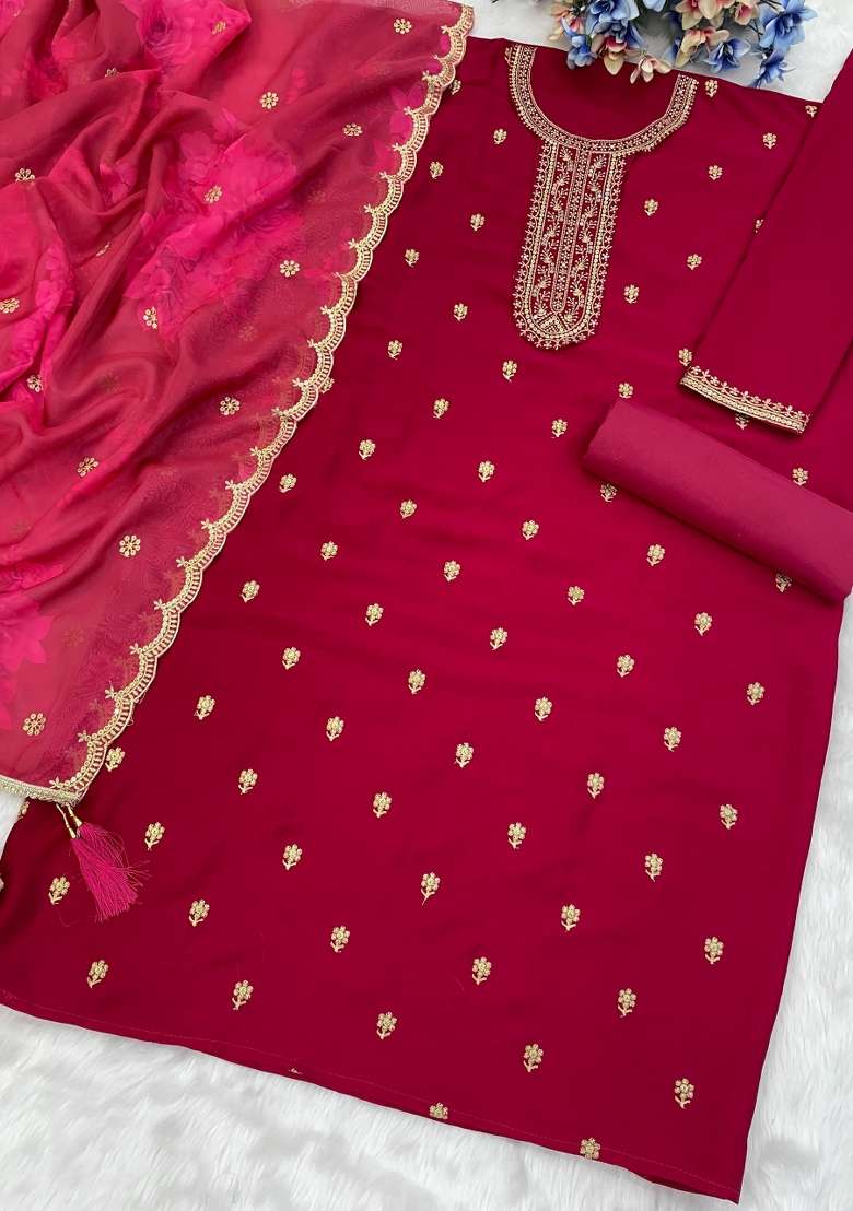 Red Embroidered Silk Kurta Set - Indya