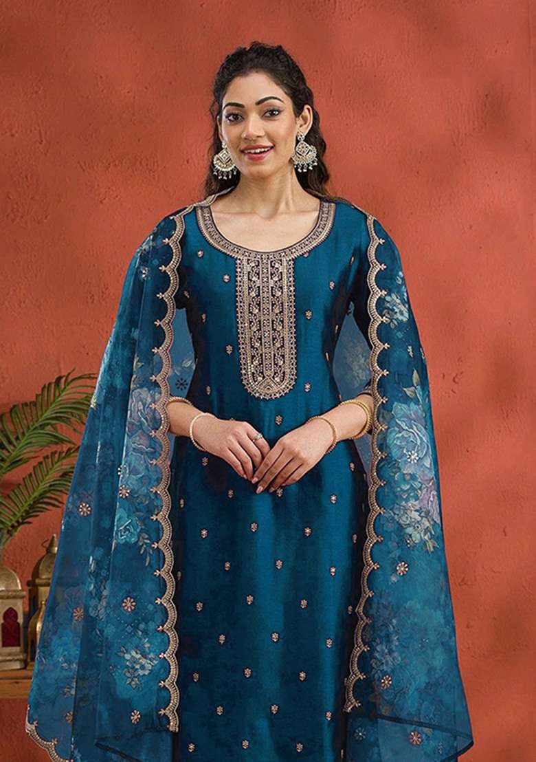 Teal Blue Embroidered Silk Kurta Set - Indya