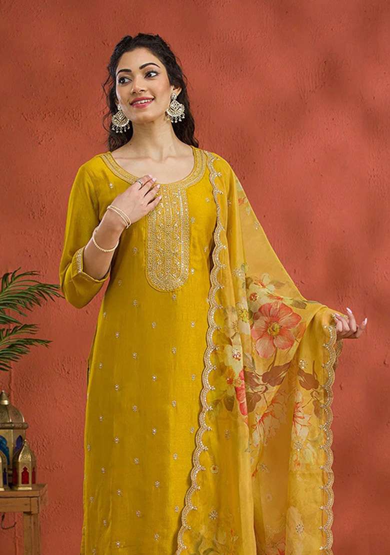 Yellow Embroidered Silk Kurta Set - Indya