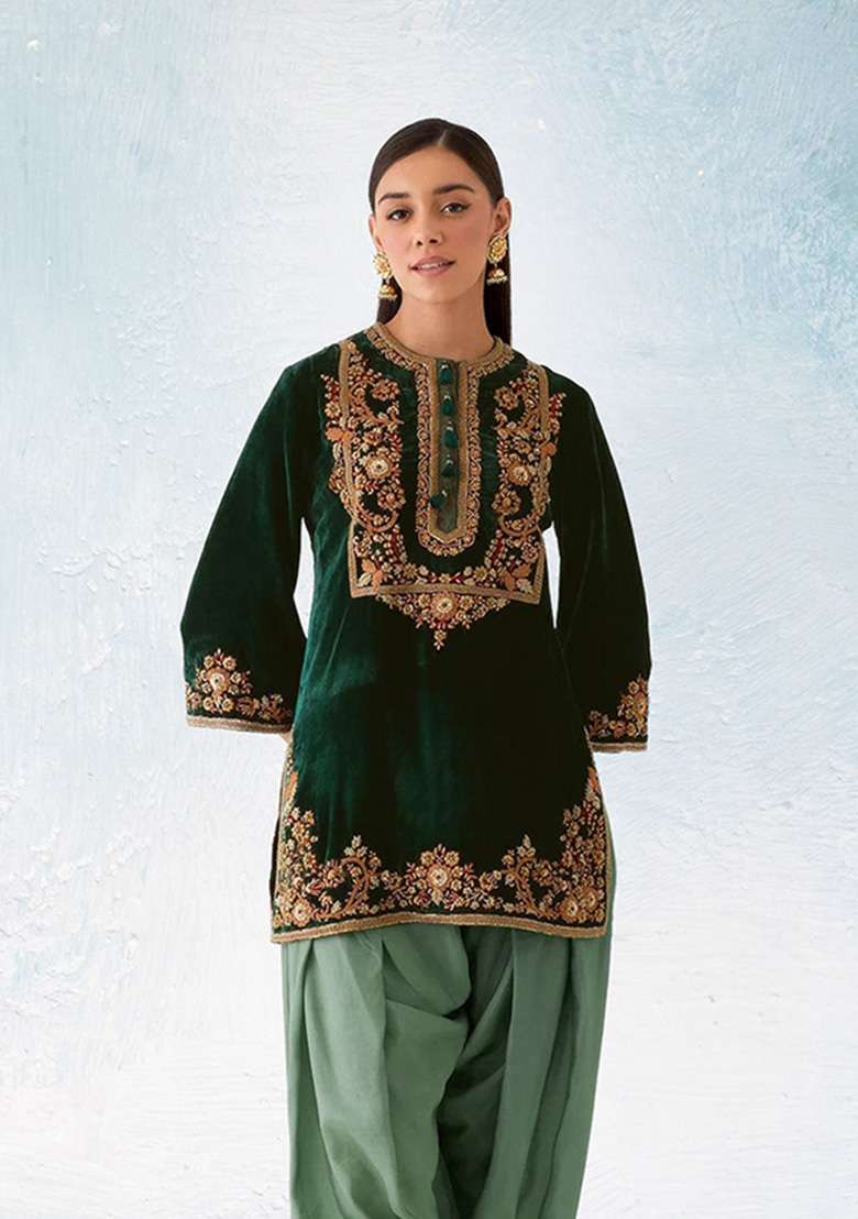 Dark Green Embroidered Velvet Dhoti Suit Set - Indya