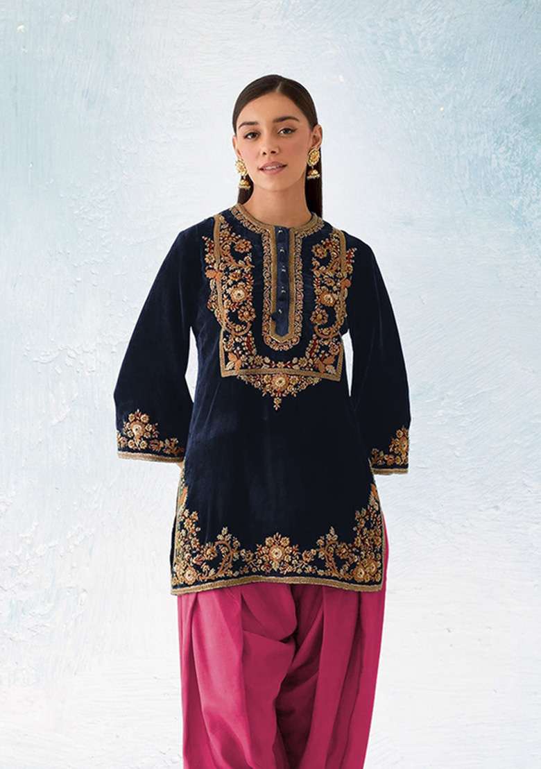 Black Embroidered Velvet Dhoti Suit Set - Indya