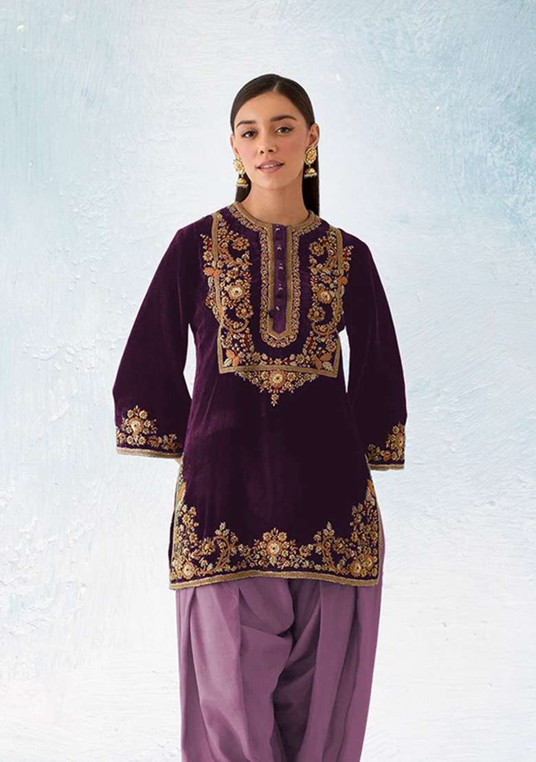 Dark Purple Embroidered Velvet Dhoti Suit Set - Indya